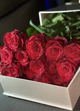 19 червоних троянд у капелюшної коробці