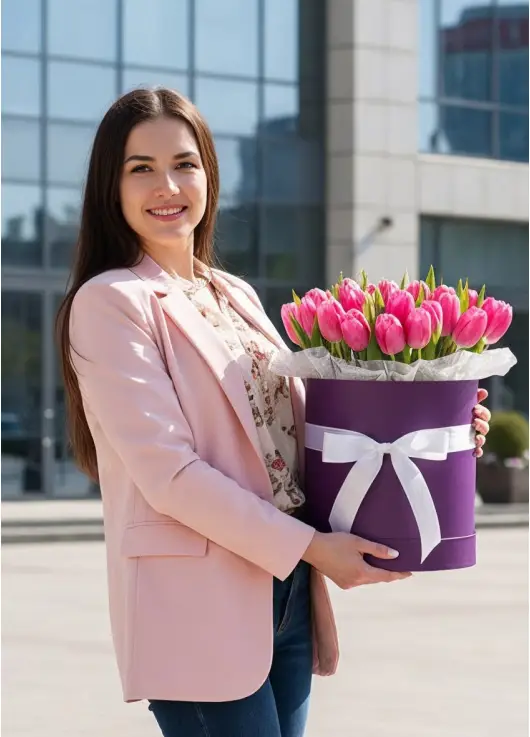 25 малинових тюльпанів у коробці (імпорт, Нідерланди)