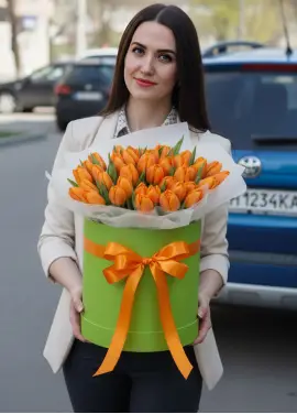 51 помаранчевих тюльпанів у коробці (імпорт, Нідерланди)