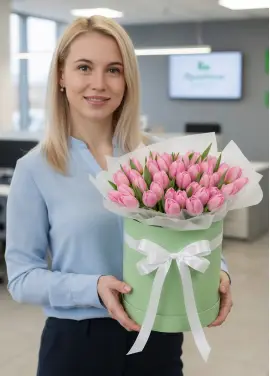 51 рожевих тюльпанів у коробці (імпорт, Нідерланди)