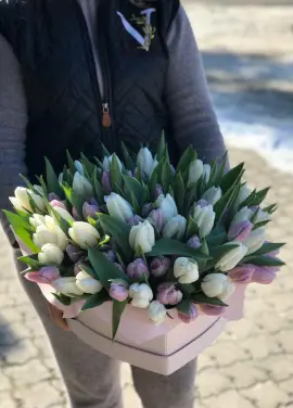 51 тюльпан у капелюшної коробці
