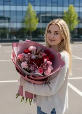 Стриманий мікс-букет «Мадлен» з орхідеєю (середній)