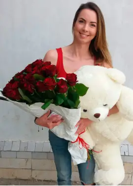 19 троянд + ведмедик 1м