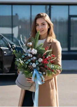 Новорічна коробка Happy New Year з квітами та ялинками