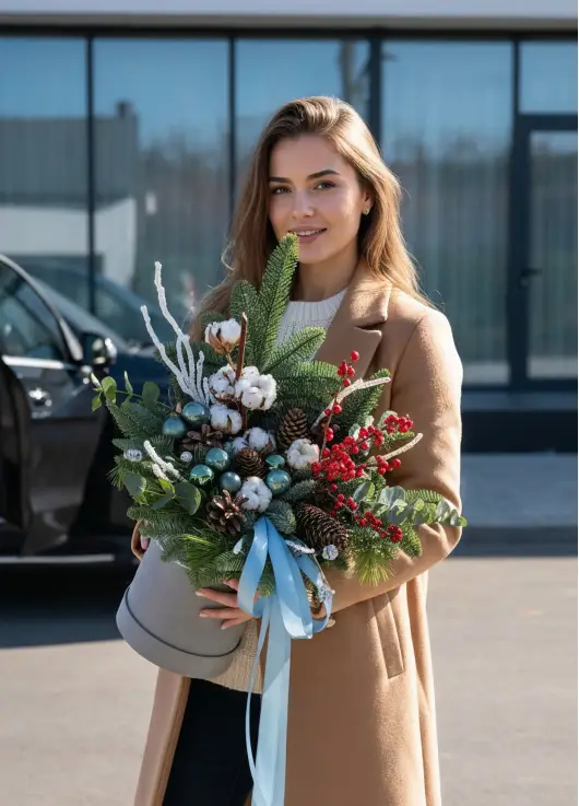 Новорічна коробка Happy New Year з квітами та ялинками