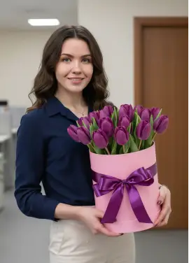 25 фіолетових тюльпанів у коробці (імпорт, Нідерланди)