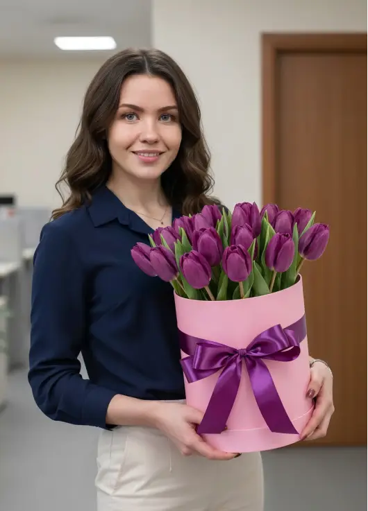 25 фіолетових тюльпанів у коробці (імпорт, Нідерланди)